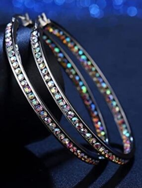 Big Rainbow Rhinestone Silver Hoop Earrings AB Sparkle Crystal Channel Hoops